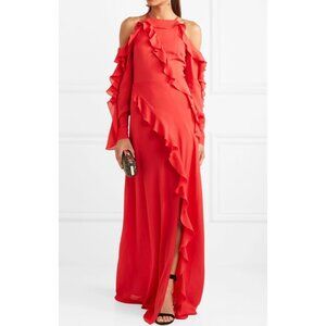 Elie Saab Cold-Shoulder Ruffled Gown Dress Red Silk Size 36 / 4